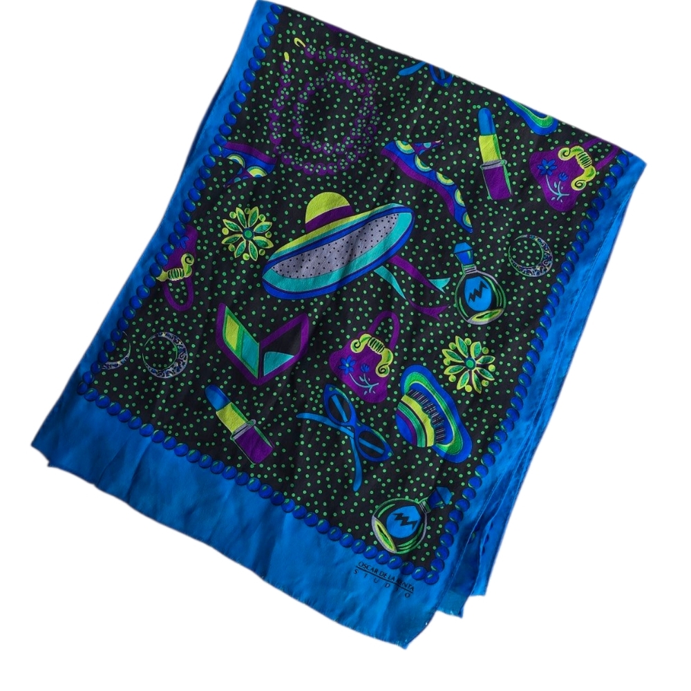 OSCAR DE LA RENTA Studio Silk Vintage Scarf Blue Black Beauty